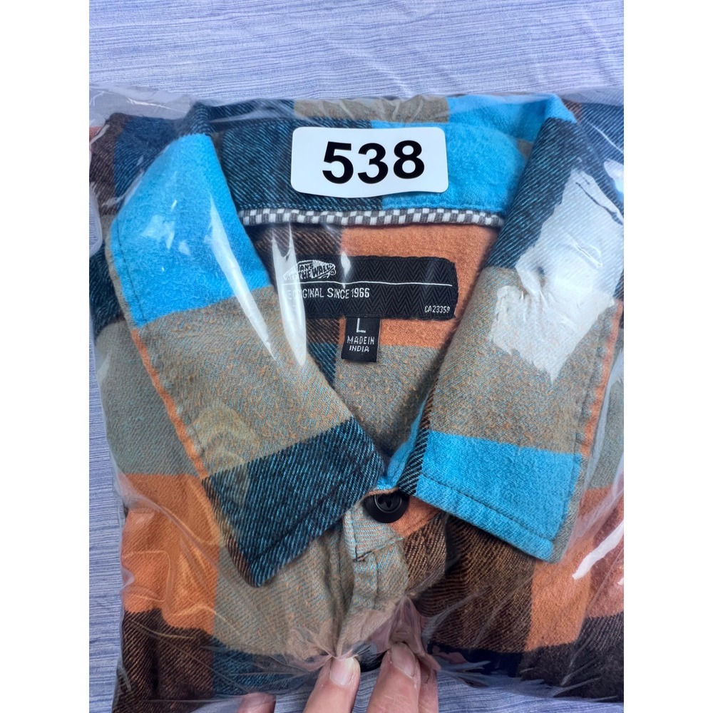 Vans Mens Large Flannel Shirt Blue Orange Plaid Button Down Long Sleeve CA23359 - Picture 6 of 6